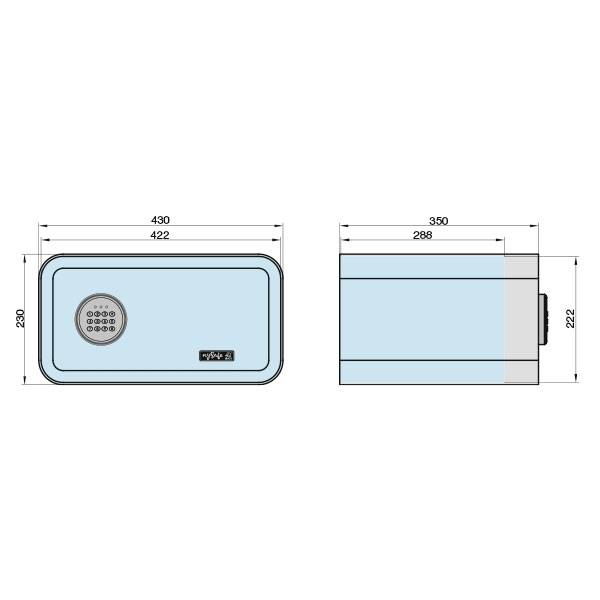 Zeichnung einer blauen rechteckigen Box mit Abmessungen. Links: 430x220 mm, rechts: 350x222 mm. Ein runder Gitter befindet sich links oben.