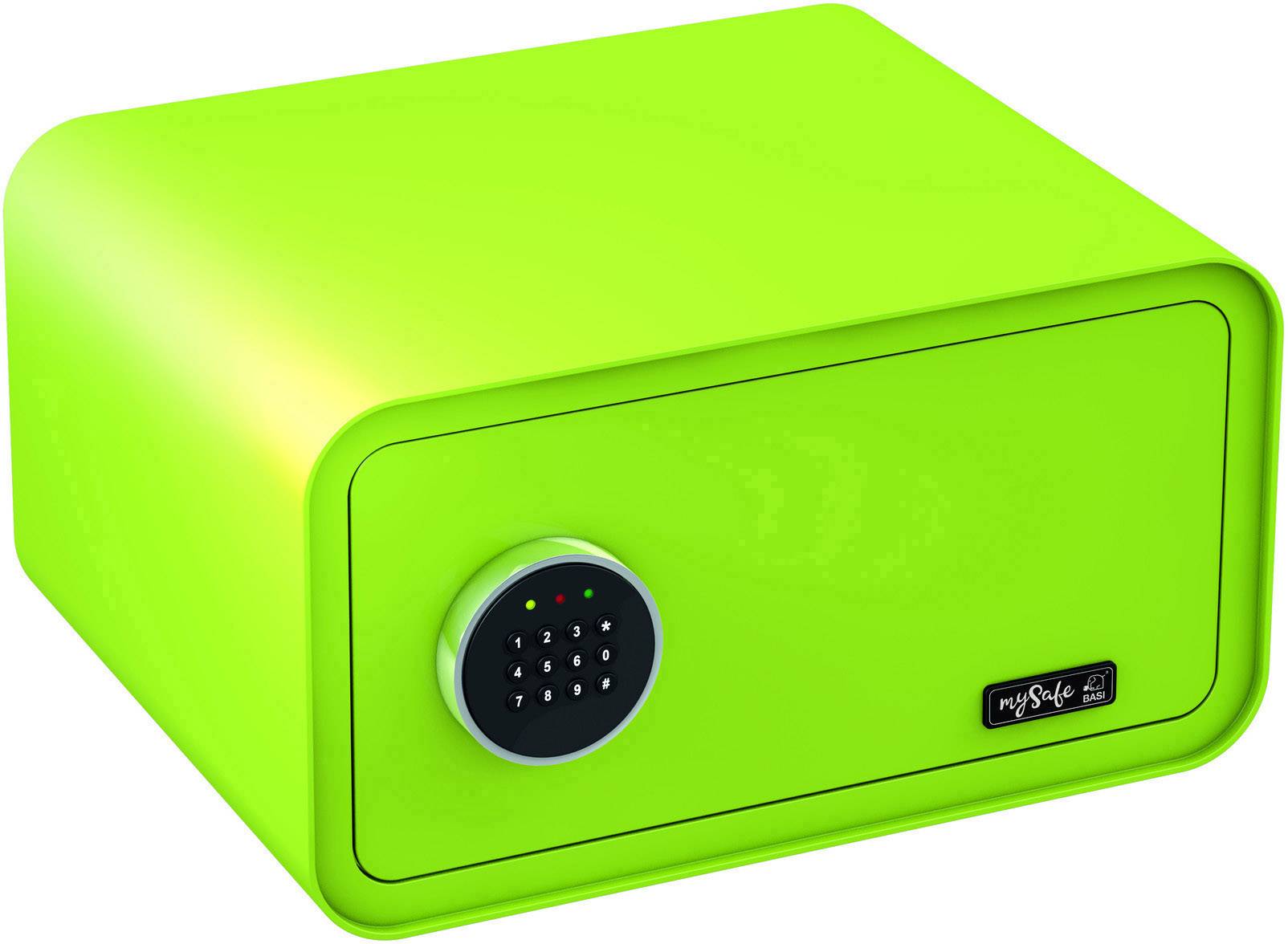 Hellgrüner Tresor mit elektronischem Zahlenschloss, rechteckige Form.