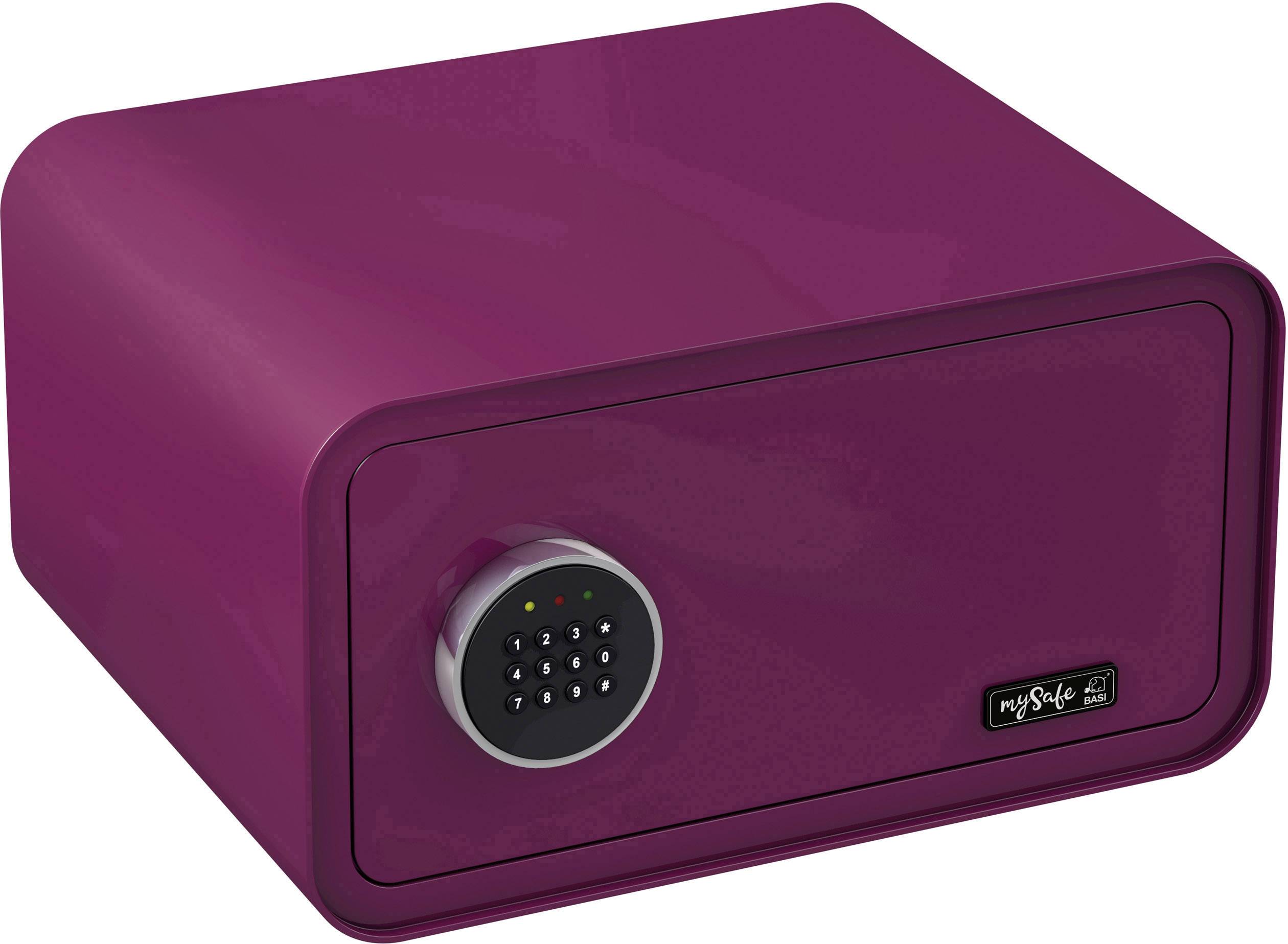 Ein burgunderfarbener Safe mit elektronischem Zahlenschloss und einem Schild mit der Aufschrift 'mySafe'.