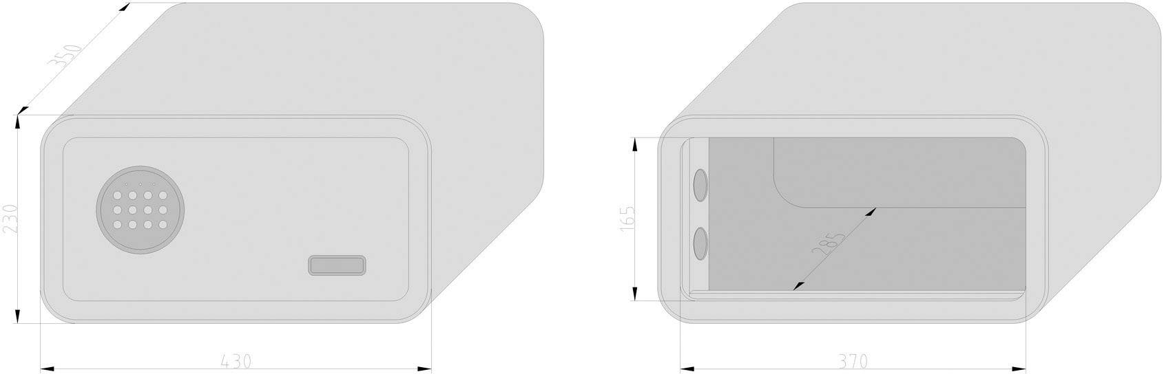 Technische Zeichnung eines rechteckigen Gehäuses mit Lüftungsgitter und Steckplatz. Maße: 140x240 mm, Öffnung 370 mm.
