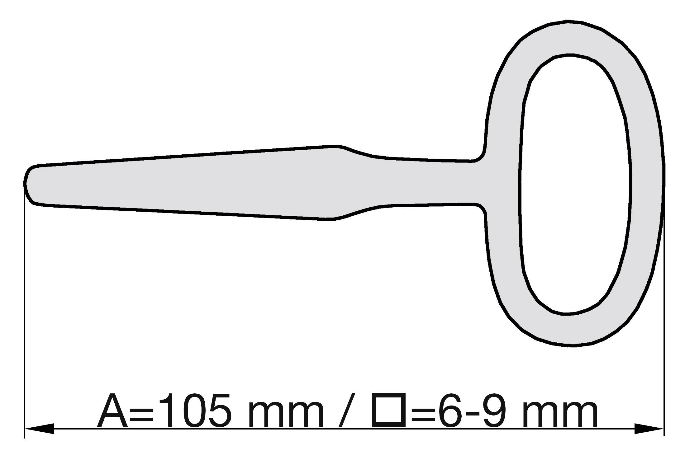 Schwarz-Weiß-Diagramm eines Schraubschlüssels. Länge 105 mm, Öffnungsgröße 6-9 mm.