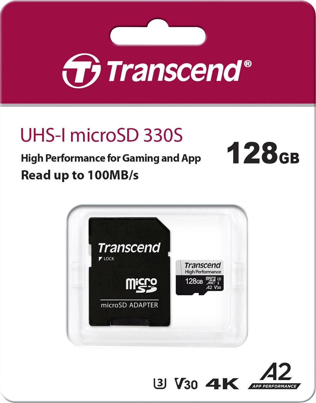 Transcend Premium 330S microSDXC-Karte 128 GB Class 10, UHS-I, UHS-Class 3, v30 Video Speed Class A2-Leistungsstandard, inkl. SD-Adapter