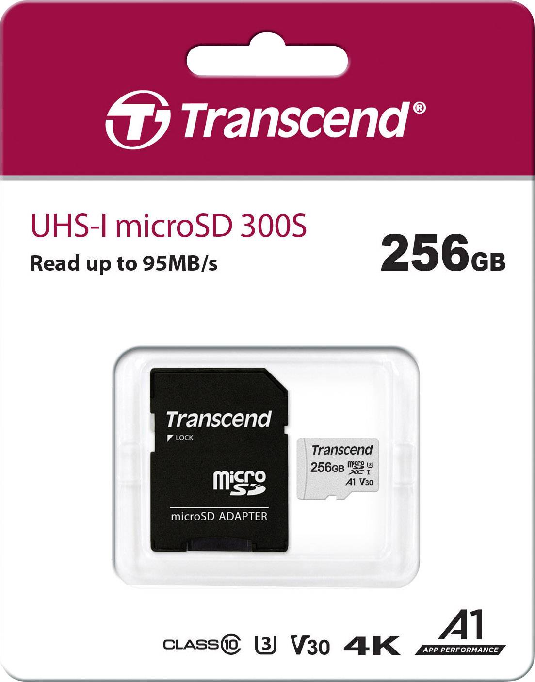 Transcend Premium 300S microSDXC-Karte 256 GB Class 10, UHS-I, UHS-Class 3, v30 Video Speed Class, A1 Application Performance Class inkl. SD-Adapter