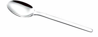 Ein glänzender Edelstahllöffel mit langem Griff auf weißem Hintergrund, geeignet für den Gebrauch in der Küche.