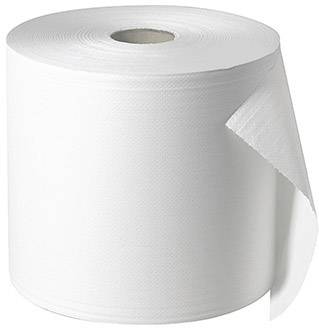Eine große Rolle weißes Papierhandtuch, teilweise abgerollt, vor einem neutralen Hintergrund.