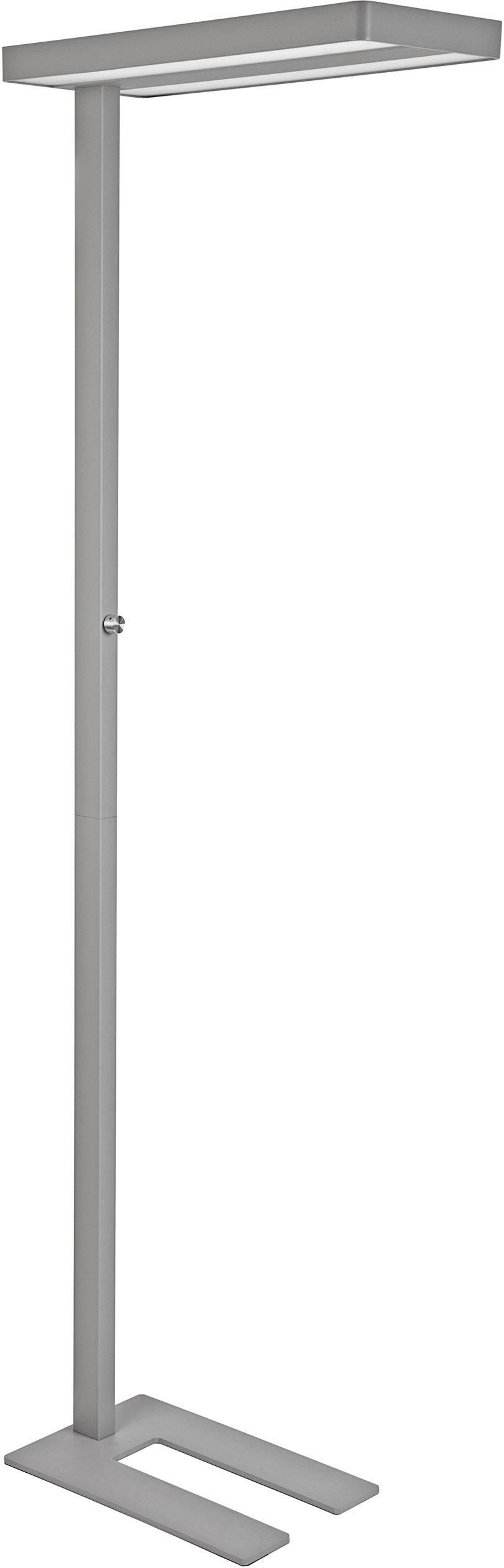 Graue, moderne Stehlampe mit rechteckigem Lampenschirm und U-förmigem Sockel. Geeignet für minimalistisches Interieur.