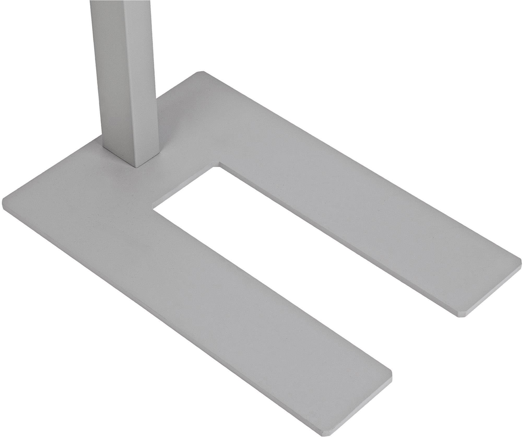 Ein graues, U-förmiges Tischbein aus Metall, das Teil eines höhenverstellbaren Schreibtischs sein könnte, auf weißem Hintergrund.