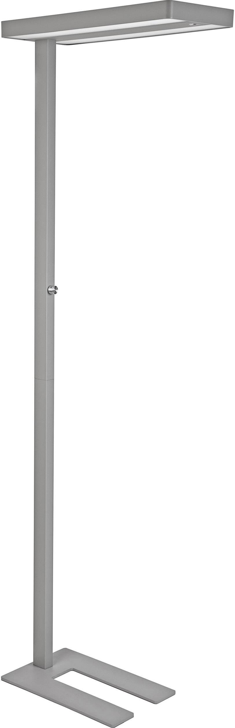 Graue, modern gestaltete Stehlampe mit rechteckigem Lampenschirm. Sie steht auf einem stabilen Metallfuß und eignet sich für Innenräume.