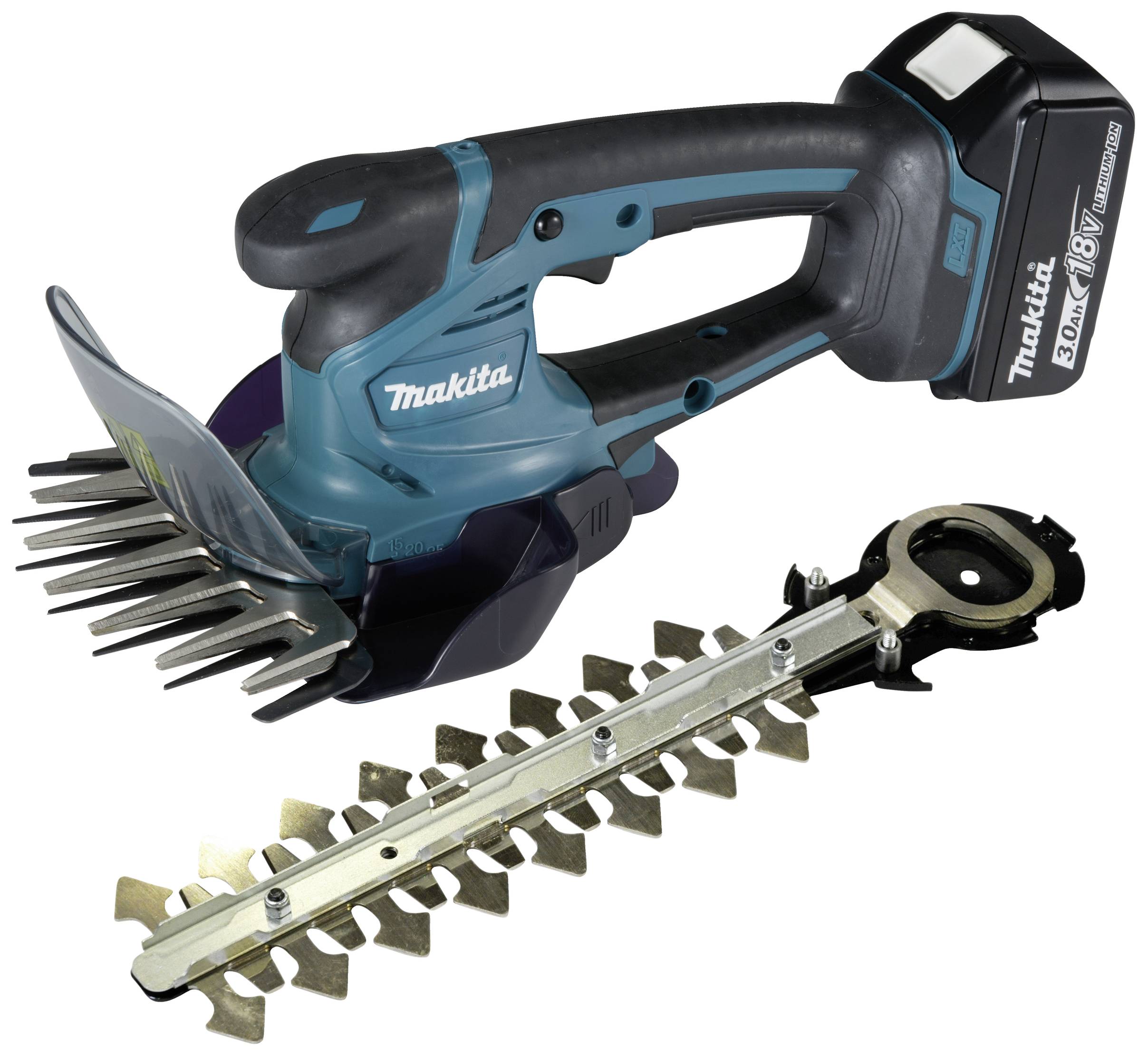 Ein kabelloses, blau-schwarzes 18V Makita Gartengerät mit auswechselbarem Scherkopf, geeignet zum Trimmen von Gras und kleinen Hecken.
