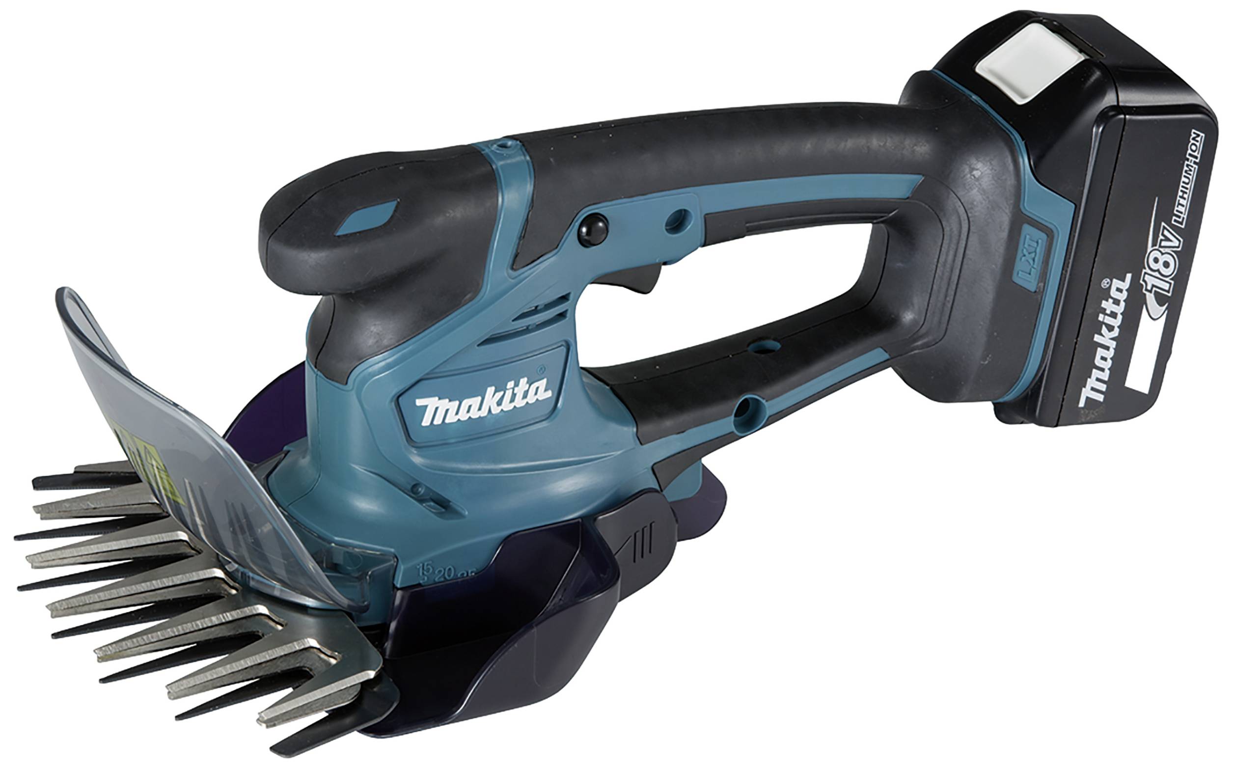 Ein blau-schwarzes elektrisches Strauchscherenwerkzeug mit Makita-Logo und abnehmbarem Akku, geeignet zum Schneiden von Hecken.