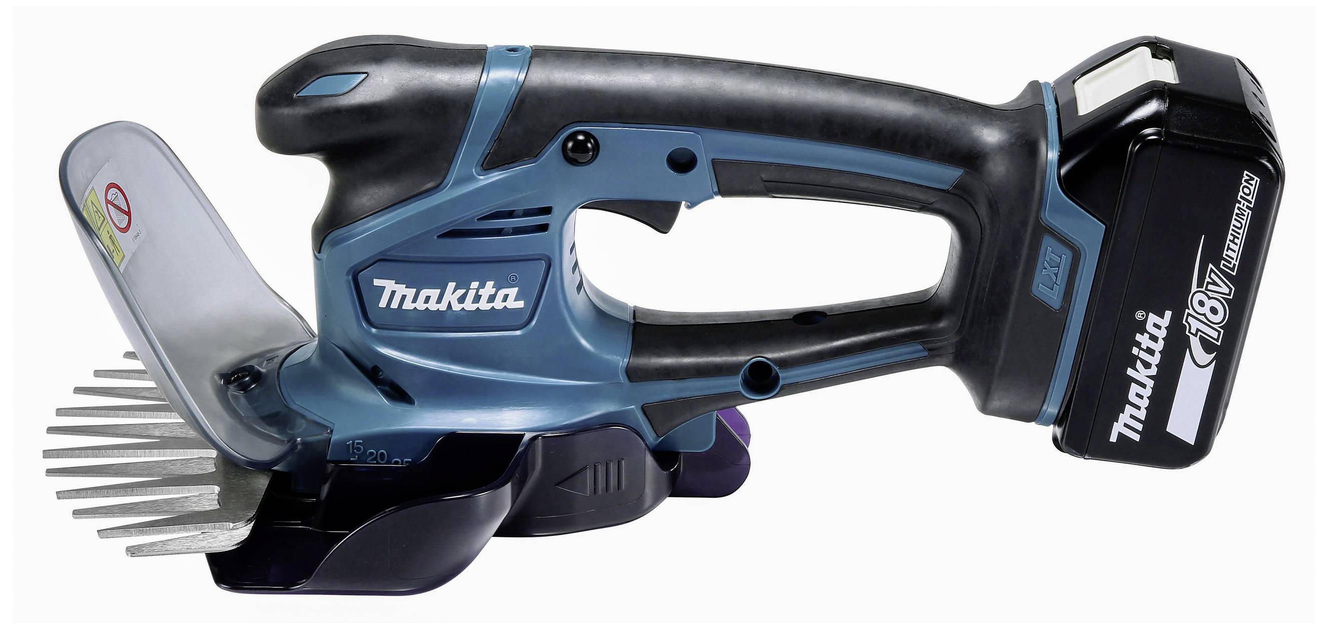 Ein kabelloses Makita 18V Akku-Gras- und Strauchschneider mit blau-schwarzem Gehäuse, geeignet für Gartenarbeiten.