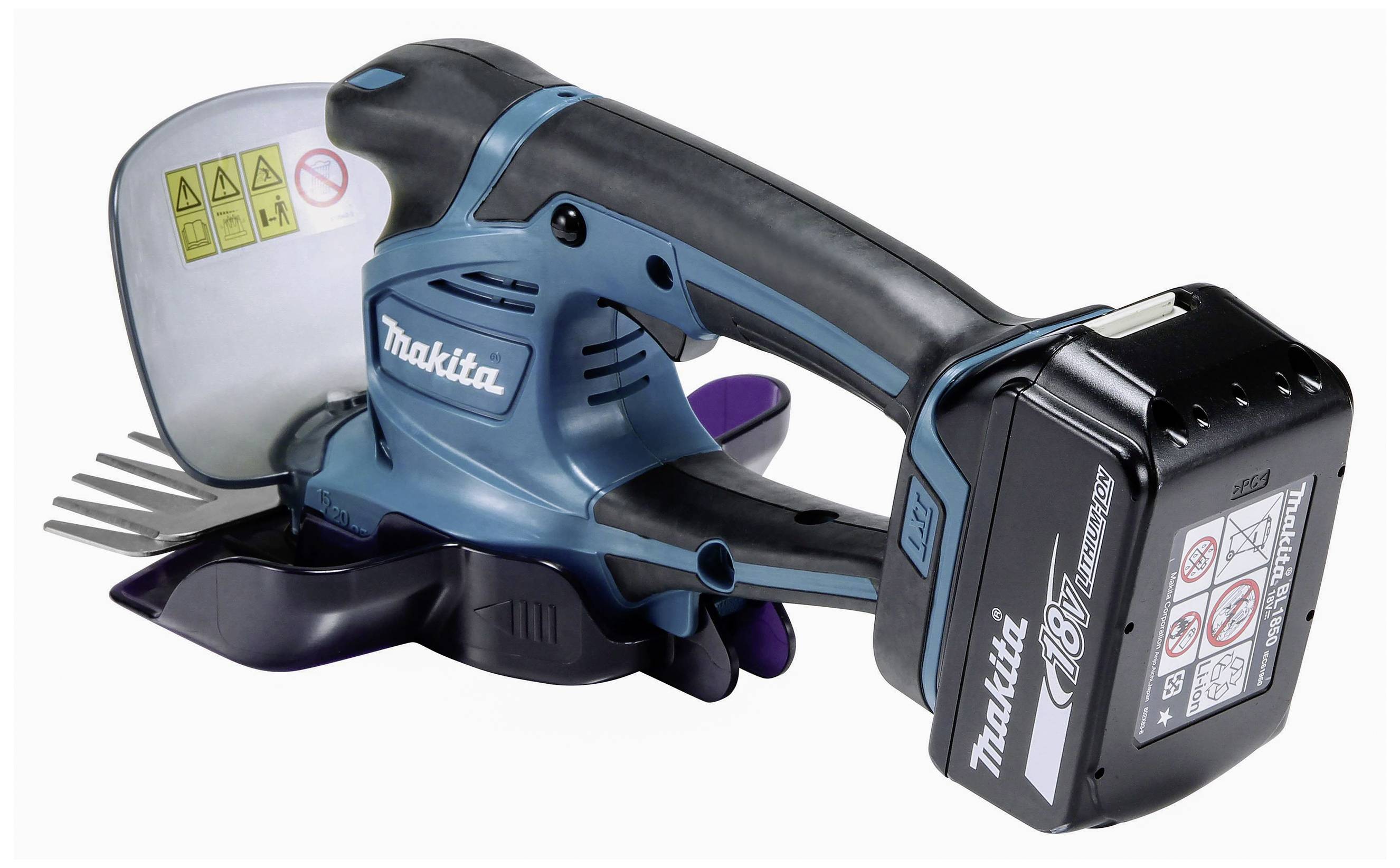 Ein kabelloses Gartengerät von Makita mit Aufklebern für Sicherheitshinweise und einem ergonomischen Griff, geeignet zum Schneiden von Sträuchern.