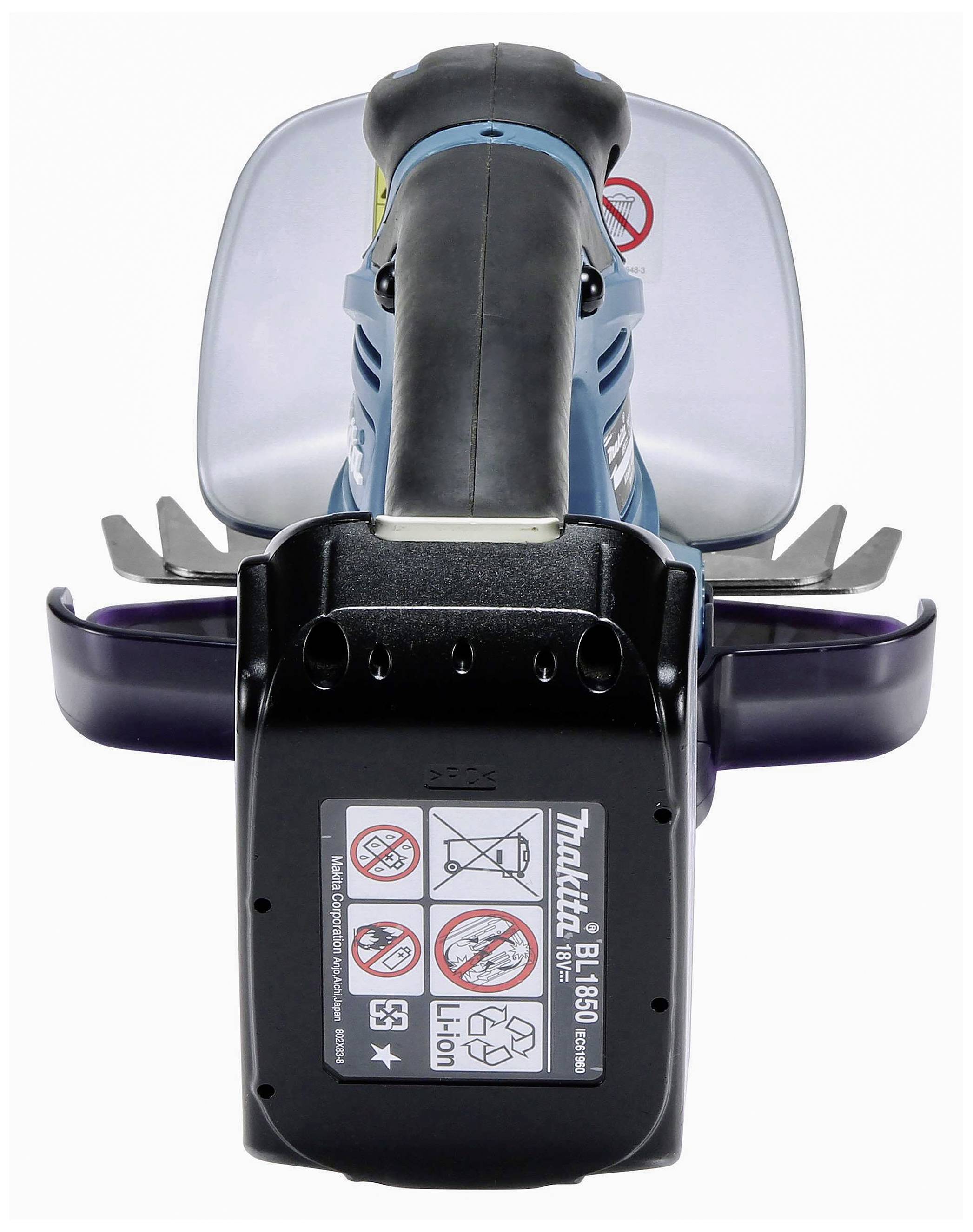 Einhand-Bedienfläche einer Motorsäge mit mehreren Warnhinweisen, inklusive einem durchgestrichenen Telefon und Akku-Symbol.