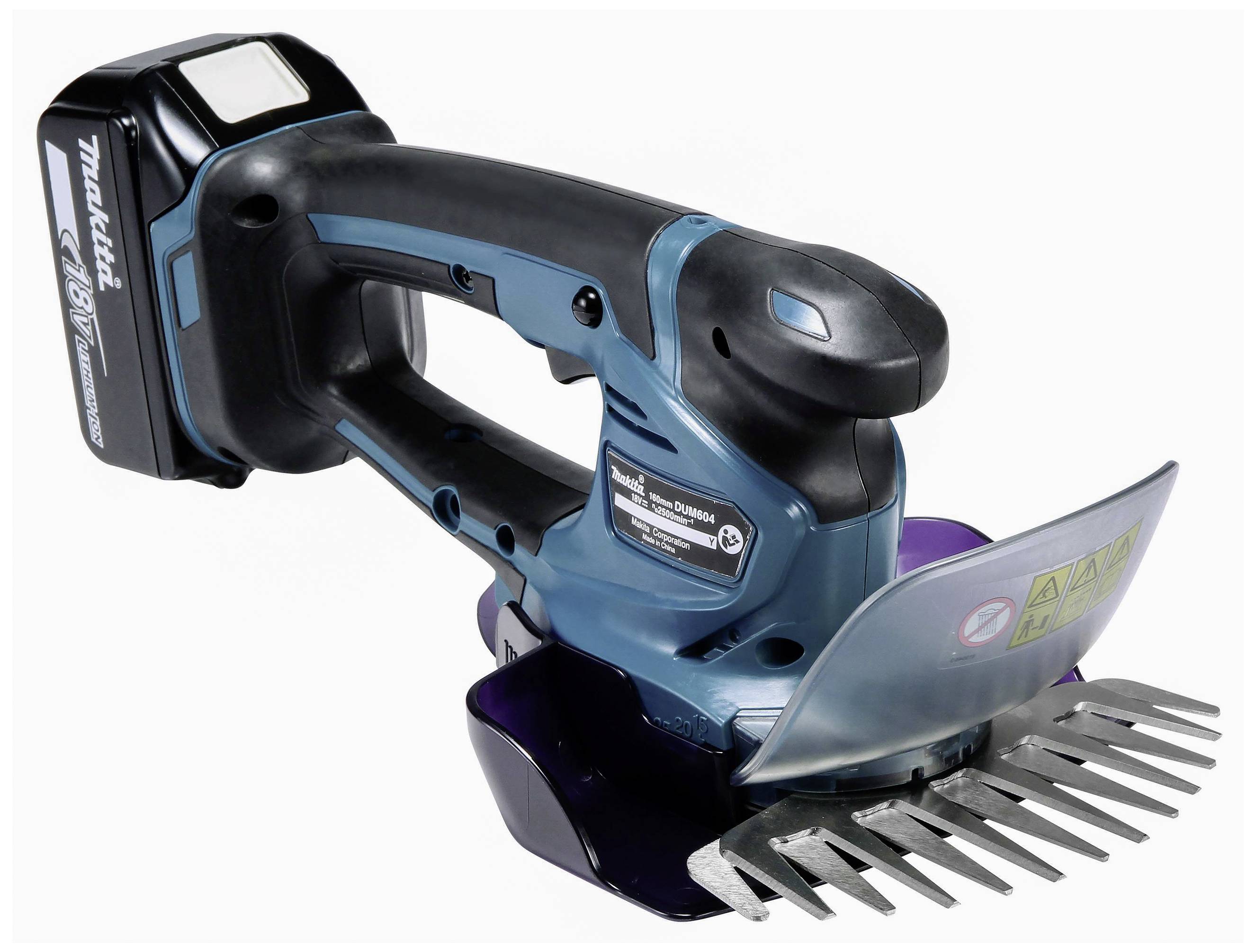Blaue elektrische Grasschere mit schwarzem Griff und Schutzschild, ideal zur Pflege von Rasenflächen.