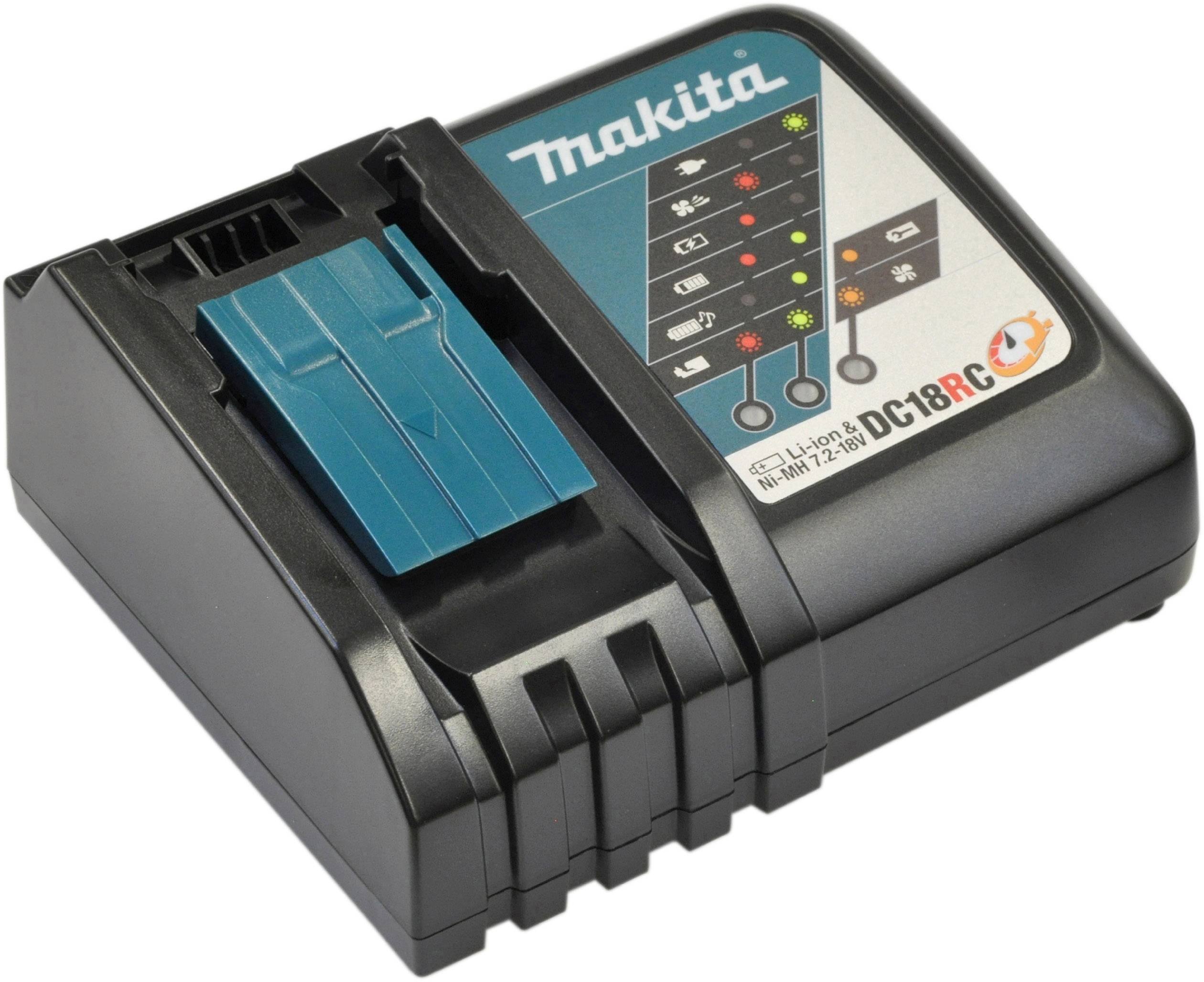 Makita Akku-Ladegerät, Modell DC18RC, mit LED-Anzeigen für Ladezustand.