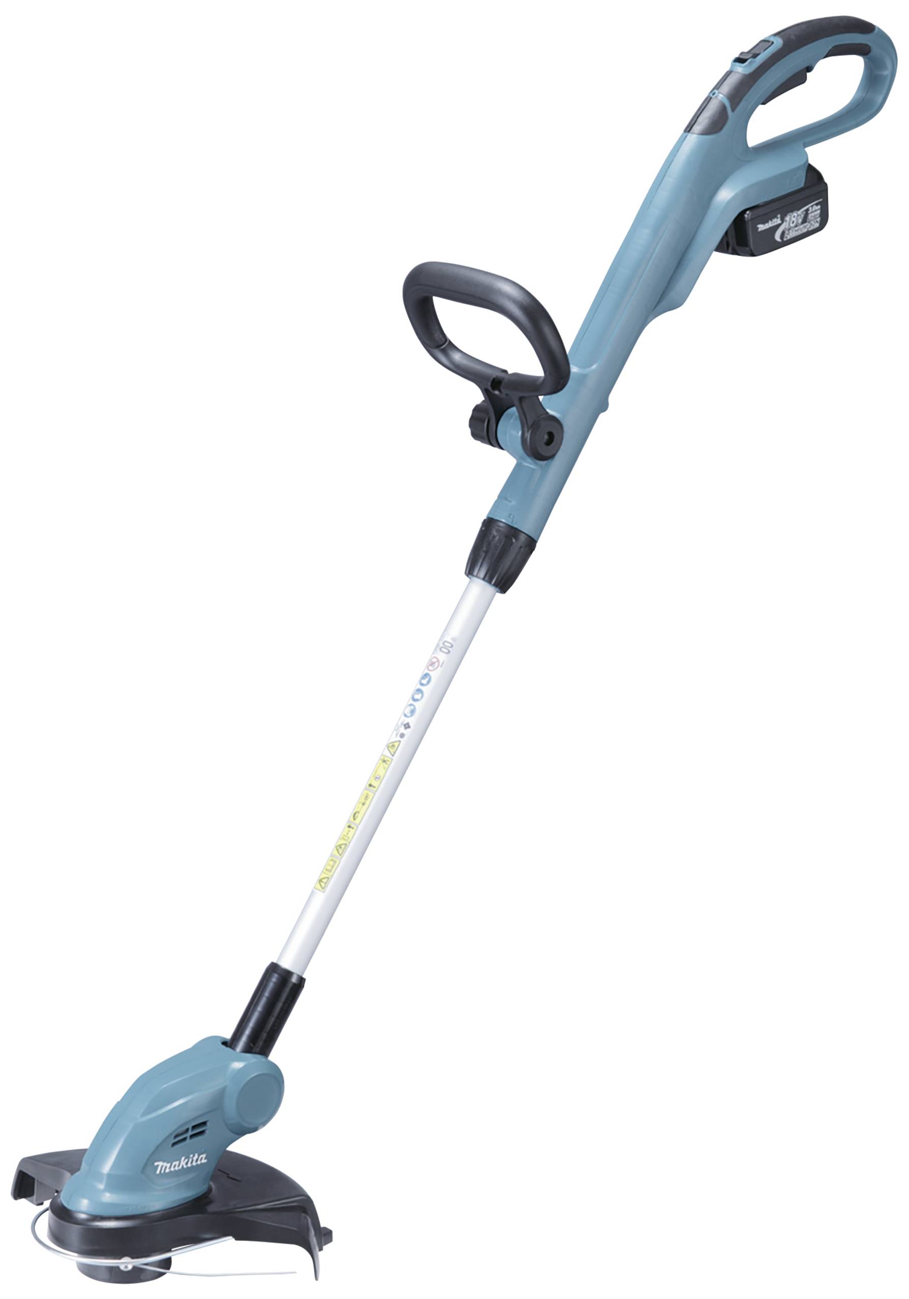 Ein elektrischer Rasentrimmer mit blauem Gehäuse, ergonomischen Griffen und einem abgewinkelten Schneidkopf zur effizienten Gartenpflege.