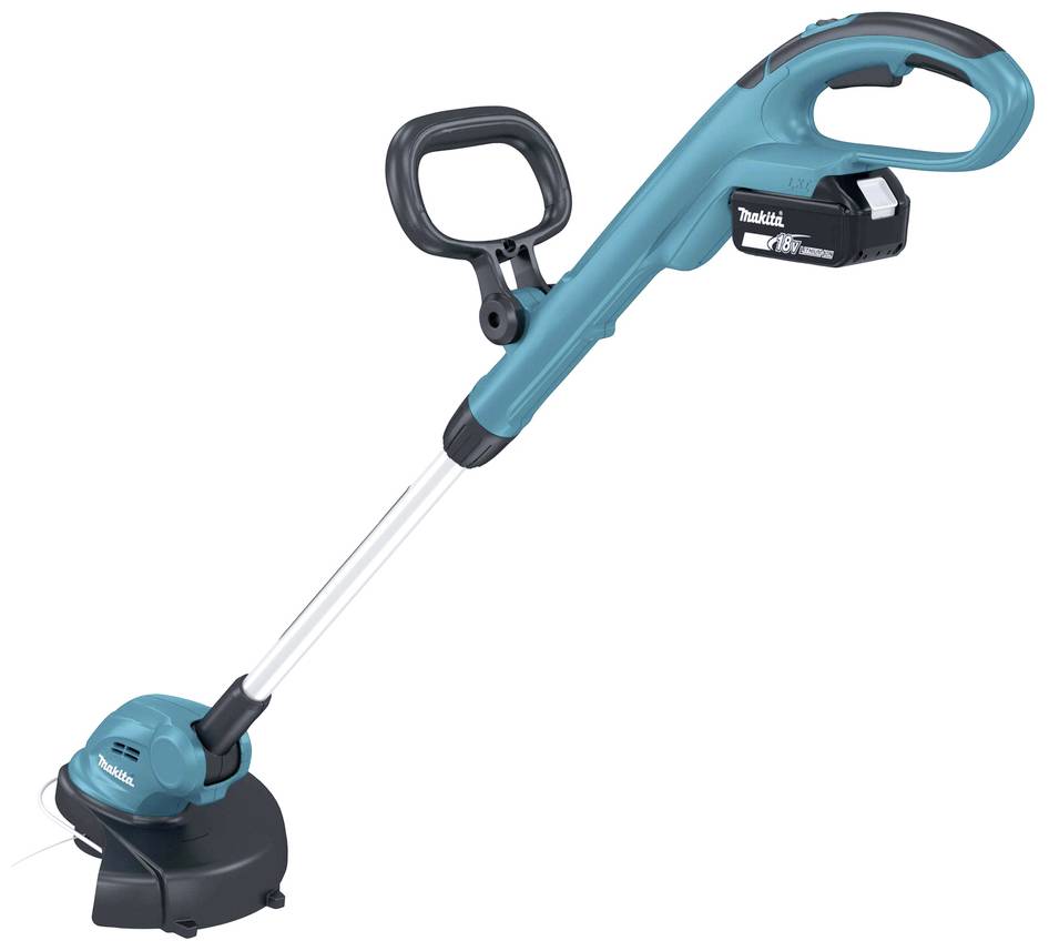 Elektrischer Rasentrimmer in Blau mit schwarzem Griff und Schneidkopf. Batteriebetrieb mit abnehmbarem Akku.