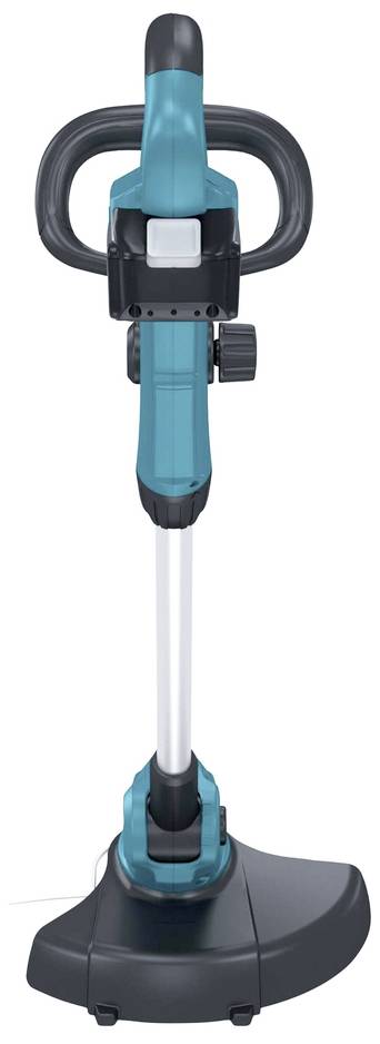 Elektrischer Rasentrimmer mit ergonomischem Griff, blauem Gehäuse und schwarzem Schneidwerk, ideal für präzises Trimmen von Rasenkanten.
