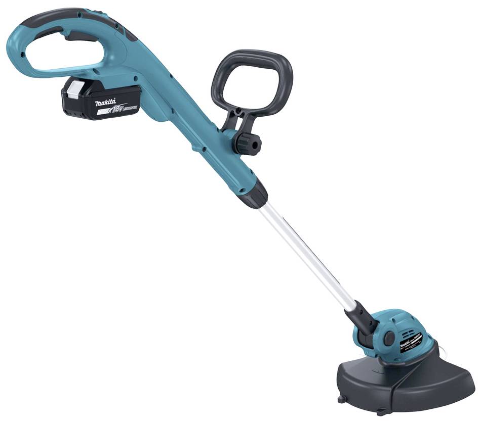Ein blauer, kabelloser Rasentrimmer mit ergonomischem Griff und schwarzem Schneidkopf, geeignet für leichte Gartenarbeiten.
