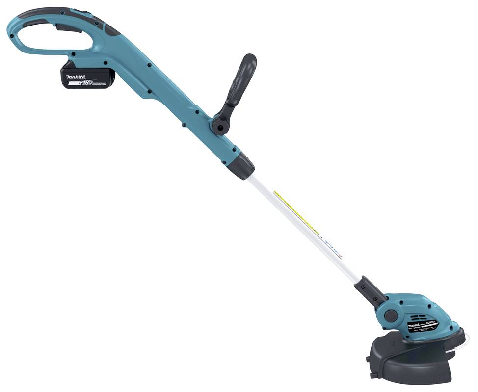 Akku-Rasentrimmer mit ergonomischem Griff und einstellbarem Teleskopstiel, geeignet für präzise Rasenpflege in schwer zugänglichen Bereichen.