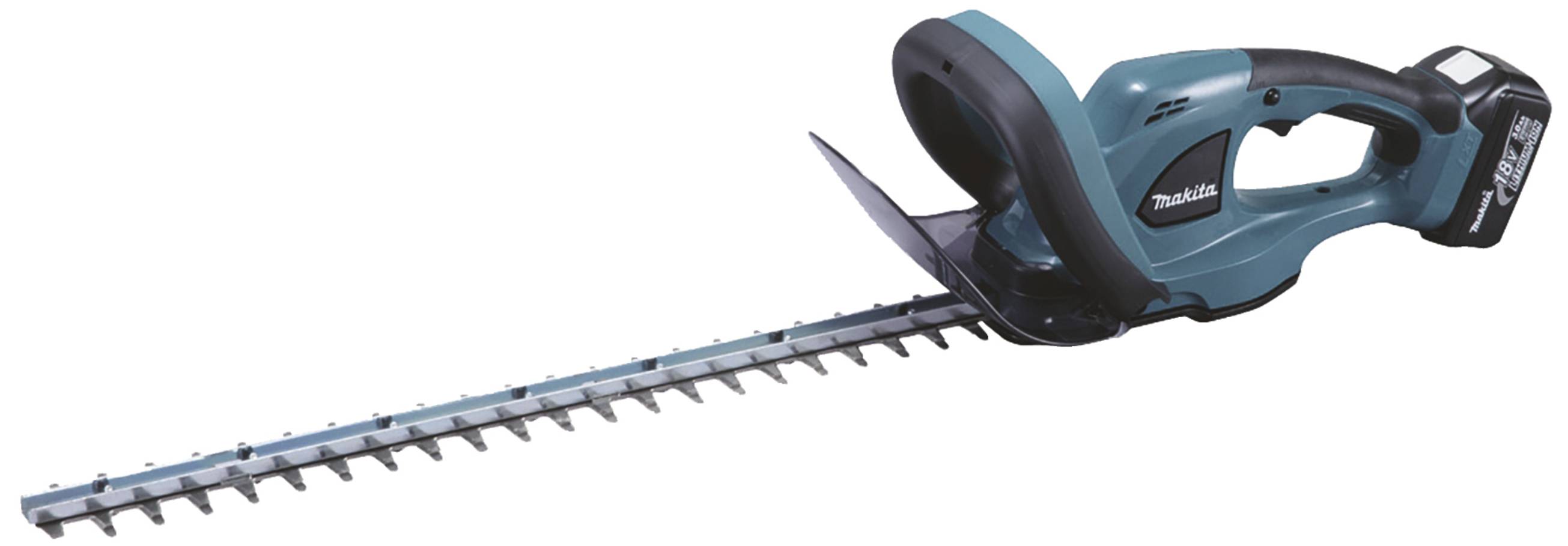 Elektrische Heckenschere mit langem, gezahntem Schneidblatt und ergonomischem Griff. Geeignet für präzises Trimmen von Hecken.