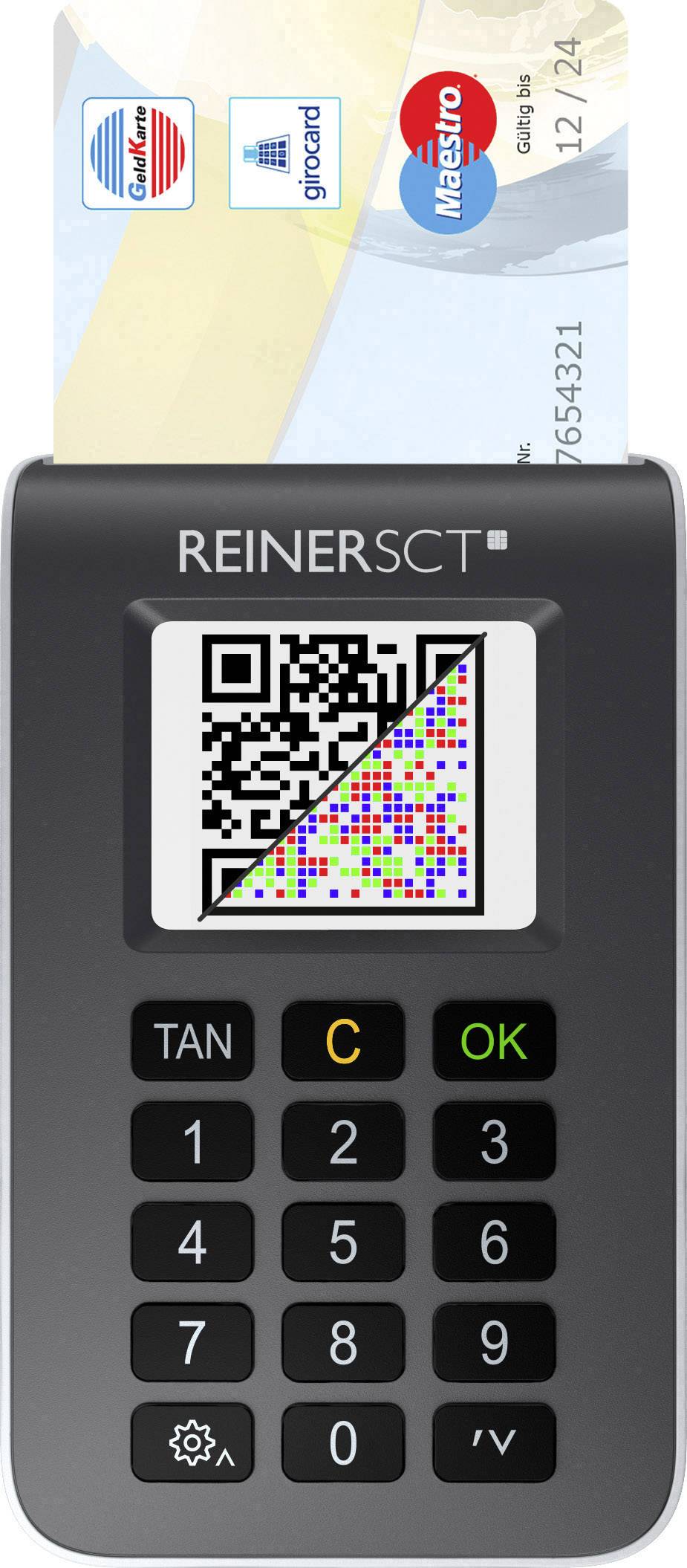 Ein Kartenlesegerät mit eingesteckter Bankkarte und QR-Code auf dem Display. Tastenfeld zeigt Zahlen und Funktionstasten.