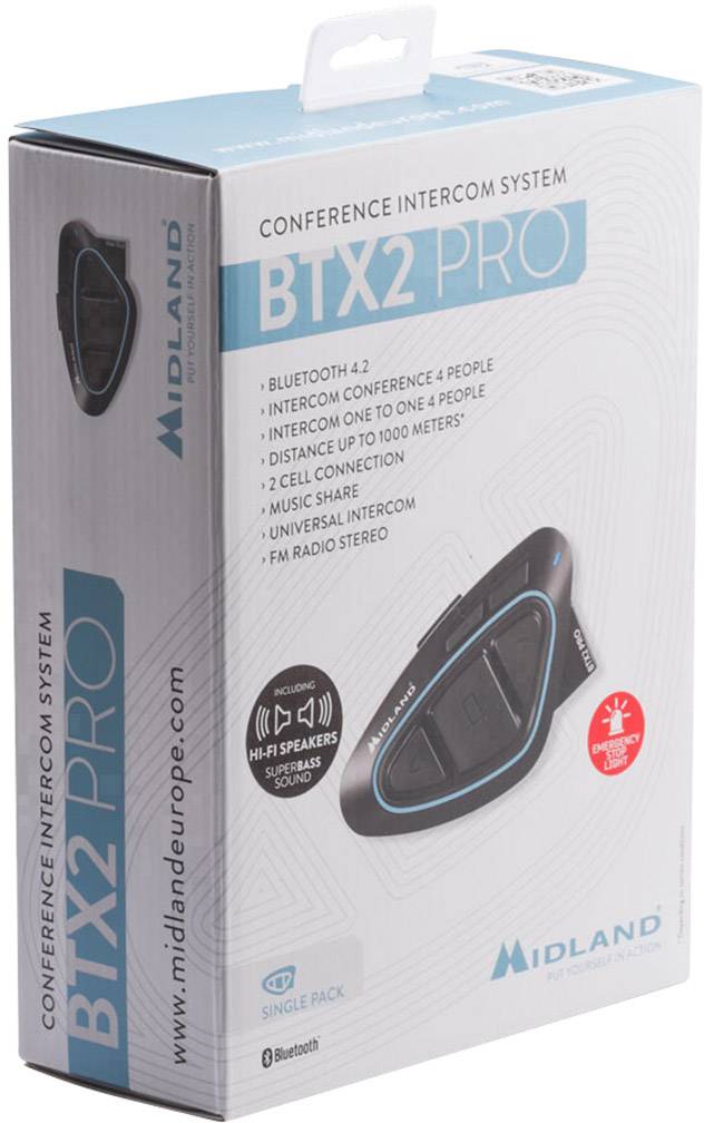 Midland C1231.04 BTX2 Pro Single Ultra Range Motorrad-Gegensprechanlage Passend für alle Helmtypen