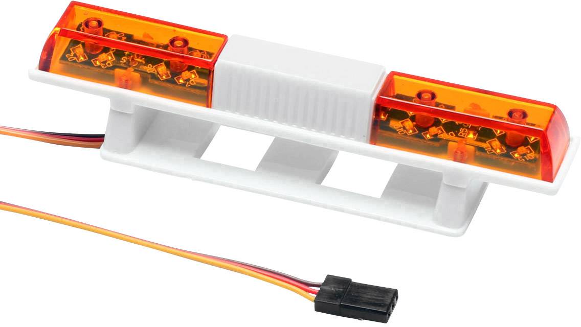 LED-Leuchte mit transparentem weißen Gehäuse und orangen Abdeckungen. Ein Kabel verbindet die Leuchte mit einem Stecker.