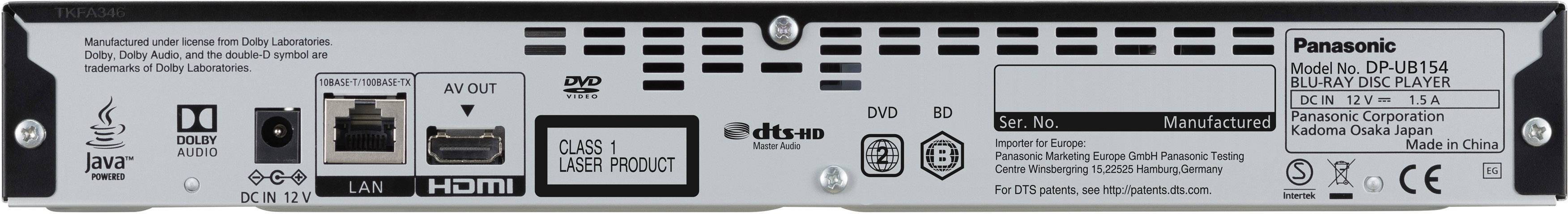 Rückseite eines Panasonic Blu-ray-Players mit Anschlüssen: HDMI, Ethernet, Audio/Video. Etikett mit Modellnummer DMP-BDT385.