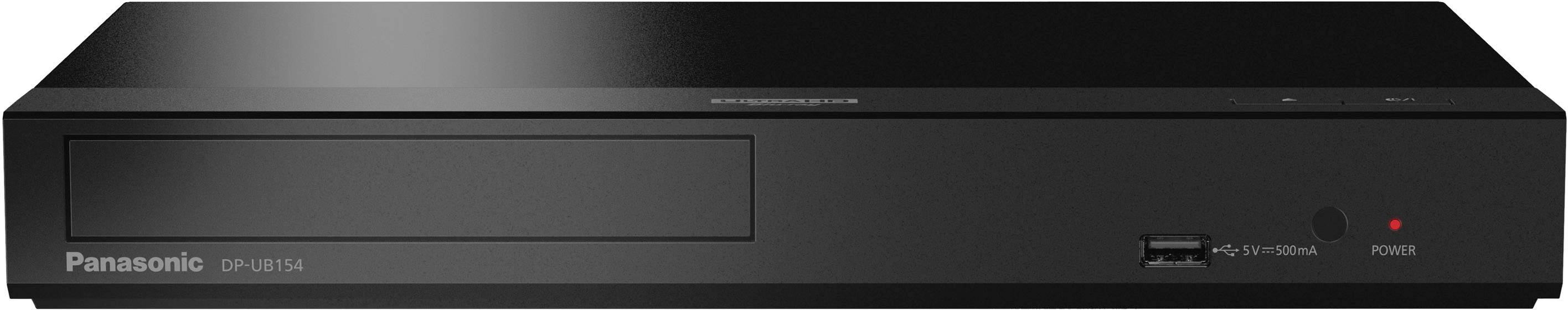 Ein schwarzer Panasonic Blu-ray-Player mit USB-Anschluss und Power-Button vorne.