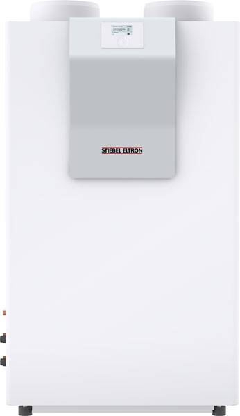 Weißes Wandgerät mit rechteckiger Front, zwei Lüftungsausgängen oben und einem digitalen Display in der Mitte.