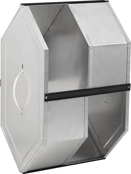 Metallischer Kasten mit achteckiger Form, möglicherweise ein Luftkanalhülse oder ein technisches Bauteil für Lüftungssysteme.