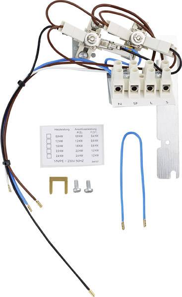 Elektrische Anschlussklemmen mit Kabeln und Zubehör. Ein Etikett zeigt Anschlussschema und Werte. Geeignet für Heizgeräteinstallation.