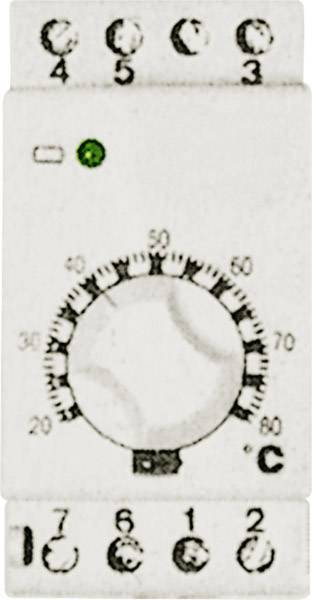 Ein weißer Thermostat mit drehbarem Temperaturregler, Skala von 0 bis 70 Grad Celsius, und grüner LED-Anzeige oben links.