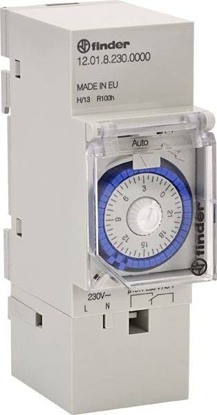 Ein mechanischer Zeitschaltuhrmodul von Finder mit Drehregler für Zeiteinstellungen. Spannung: 230V. Hergestellt in der EU.
