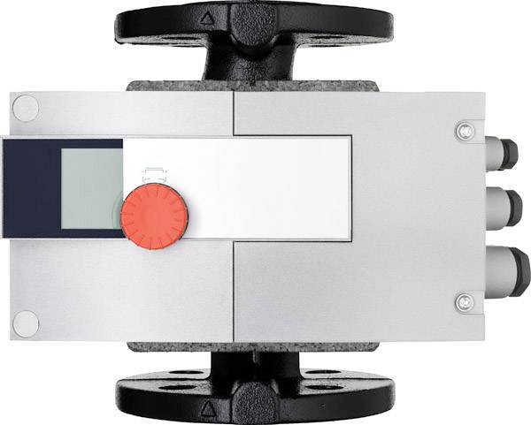 Industriegerät mit grauem Gehäuse, rotem Drehknopf, digitalem Display und drei schwarzen Anschlusskabeln rechts.