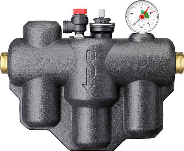 Ein schwarzer Heizungsverteiler mit eingebautem Manometer und Ventilen. Zeigt Wasserdruck in Bar.