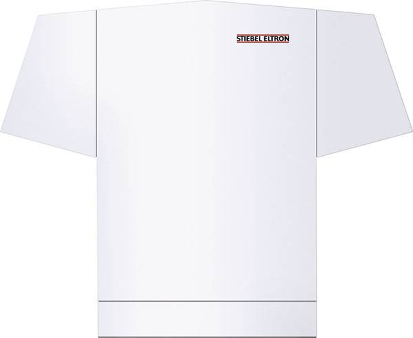 Weißes T-Shirt mit kleinem 'Stiebel Eltron'-Logo oben auf der Brust.