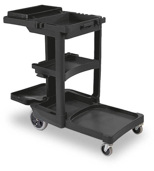 Schwarzer Kunststoff-Transportwagen mit drei Ablageflächen und vier Rollen. Geeignet für den Transport von Gegenständen in Innenräumen.