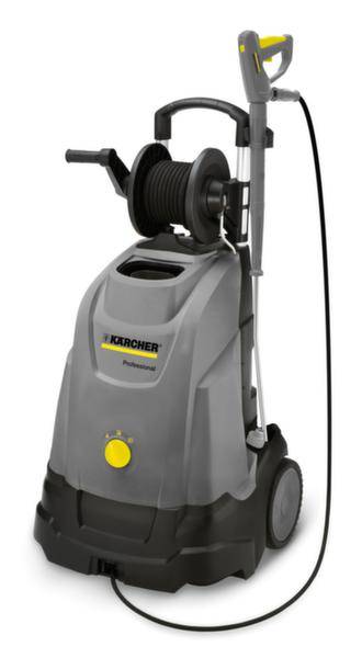 Industrie-Hochdruckreiniger mit integrierter Schlauchtrommel, graue und schwarze Farbgebung, auf Rollen für einfache Bewegung.