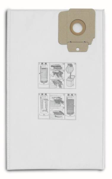 Staubsaugerbeutel mit vier Illustrationen, die Schritte zum Einsetzen und Entfernen zeigen. Beutel aus Vliesstoff mit Pappmanschette.