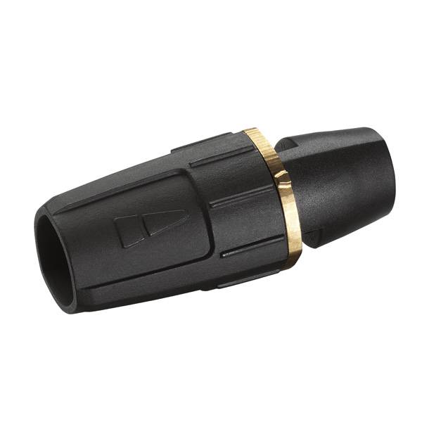 Ein schwarzer Steckverbinder mit goldfarbenem Ring. Eignet sich für elektrische Anschlüsse, robustes Design für industrielle Anwendungen.