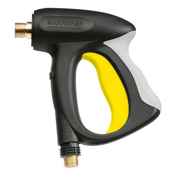 Hochdruckpistole mit ergonomischem Griff, Messinganschlüssen und schwarzem Gehäuse. Markenname 'Kärcher' an der Oberseite.