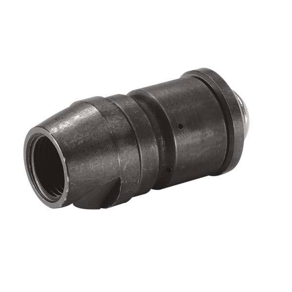 Ein schwarzes Metallteil in zylindrischer Form mit einem schraubenartigen Muster, möglicherweise ein Maschinenelement oder Adapter.