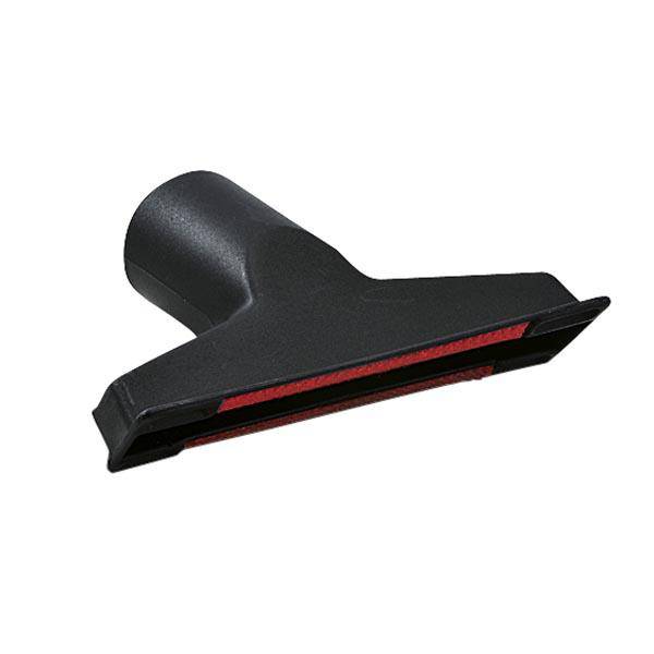 Ein schwarzer, breiter Staubsaugeraufsatz für Polsterreinigung, mit roten Borsten auf der Unterseite.