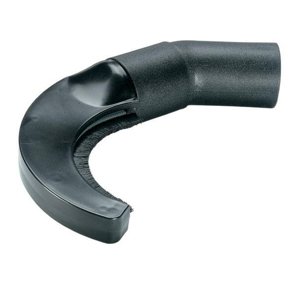 Ein schwarzes Staubsaugerzubehör mit gebogener Form und Bürstenleiste, zur effizienten Reinigung von Ecken und Kanten.