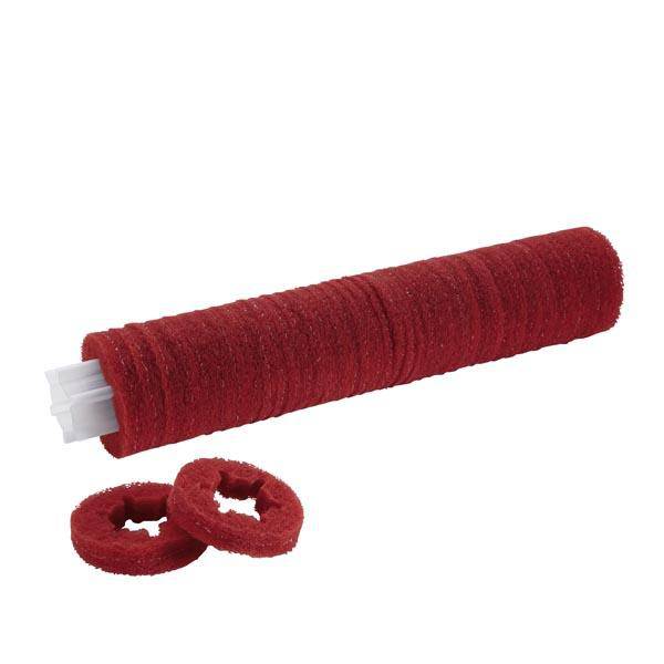 Rote Polierscheiben auf einem weißen Träger, seitlich zwei entfernte Scheiben. Verwendet zur Oberflächenpolitur.