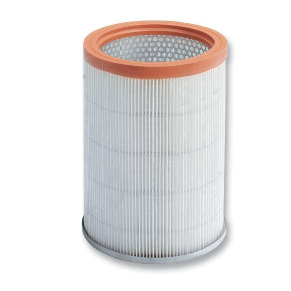 Zylindrischer Luftfilter mit orangener Dichtung und weißem gerippten Papier. Eignet sich zur Filterung von Partikeln aus der Luft.