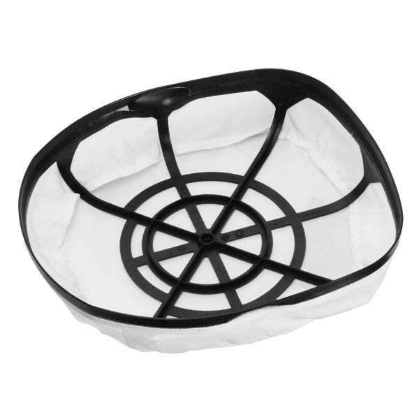 Ein weißer, ovaler Korbeinsatz mit schwarzem Kunststoffrahmen, verwendet als Filter oder Einsatz in Haushaltsgeräten.