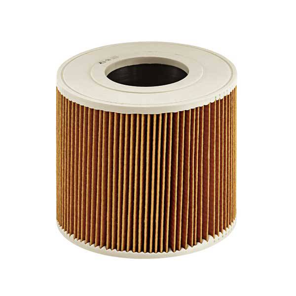 Zylindrischer Luftfilter mit braunen Falten und weißem Rand, verwendet zur Reinigung der Luft in Motoren.